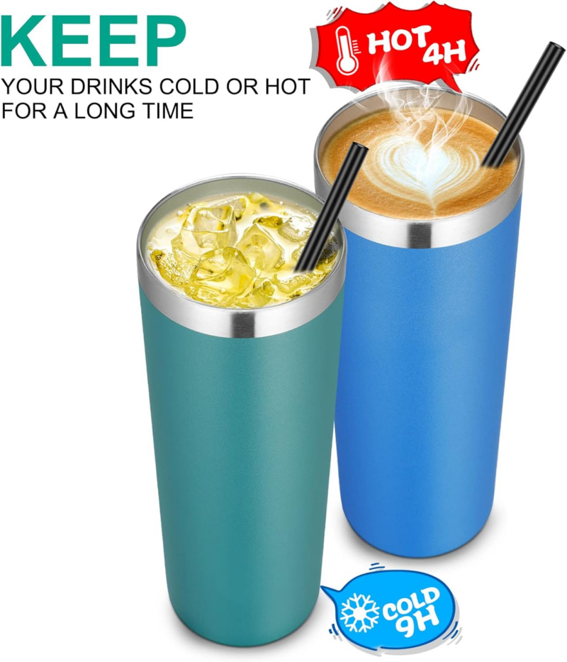 Stainless Steel Skinny Tumbler, 20 Oz Vacuum Insulated Tumbler with Lid and Straw, Double Wall Coffee Cup, Travel Mug for Cold Hot Drinks, Dark Green 1 Pack - Image 3