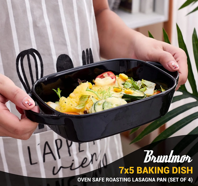 Set of 4 Ceramic 9X5 Baking Dish Oven Safe Roasting Lasagna Pan Small Casserole Bakeware with Handle Rectangular Dish, Black - Image 5