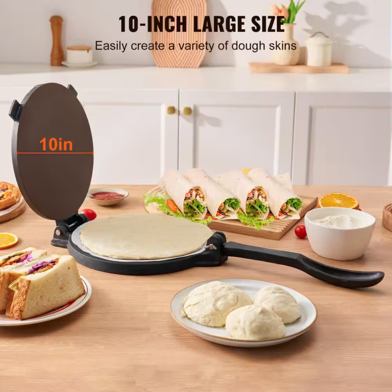 10In. Cast Iron Tortilla Press, Tortilla and Roti Maker with Pre-Seasoned Paracone Maker with 100-Piece Tawa, Black - Image 2