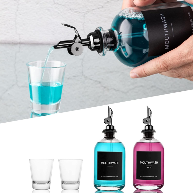 Black Glass Mouthwash Dispenser with Cups, 12.7 Oz, 2 Pack - Clear Mouthwash Bottle with 304 Stainless Steel Spout & Minimalist Labels, Style Mouthwash Container for Bathroom - Image 3