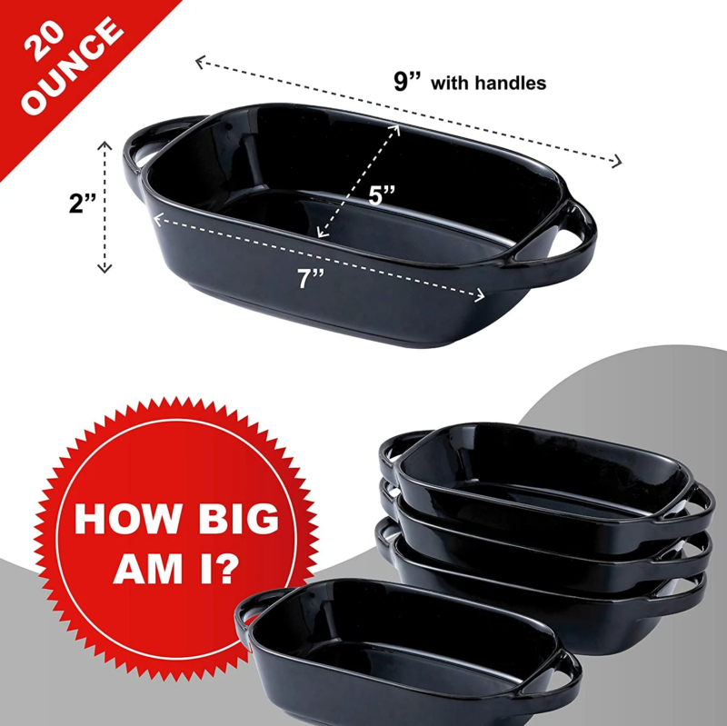 Set of 4 Ceramic 9X5 Baking Dish Oven Safe Roasting Lasagna Pan Small Casserole Bakeware with Handle Rectangular Dish, Black - Image 4