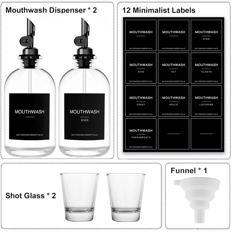 Black Glass Mouthwash Dispenser with Cups, 12.7 Oz, 2 Pack - Clear Mouthwash Bottle with 304 Stainless Steel Spout & Minimalist Labels, Style Mouthwash Container for Bathroom - Image 4