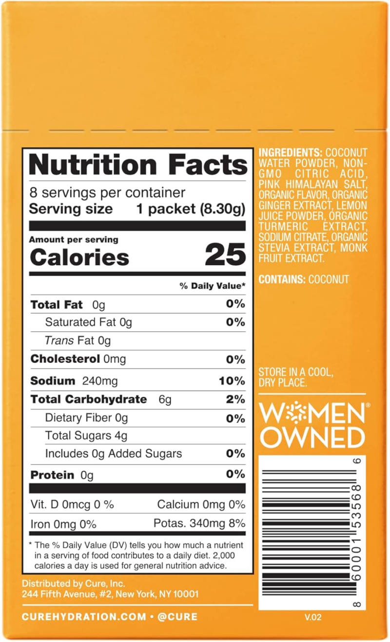 Cure Hydrating Plant Based Electrolyte Mix | Powder for Dehydration Relief | Made with Coconut Water | Non-Gmo | No Added Sugar | FSA & HSA | Gluten Free | Box of 8 Packets - Ginger Turmeric - Image 2