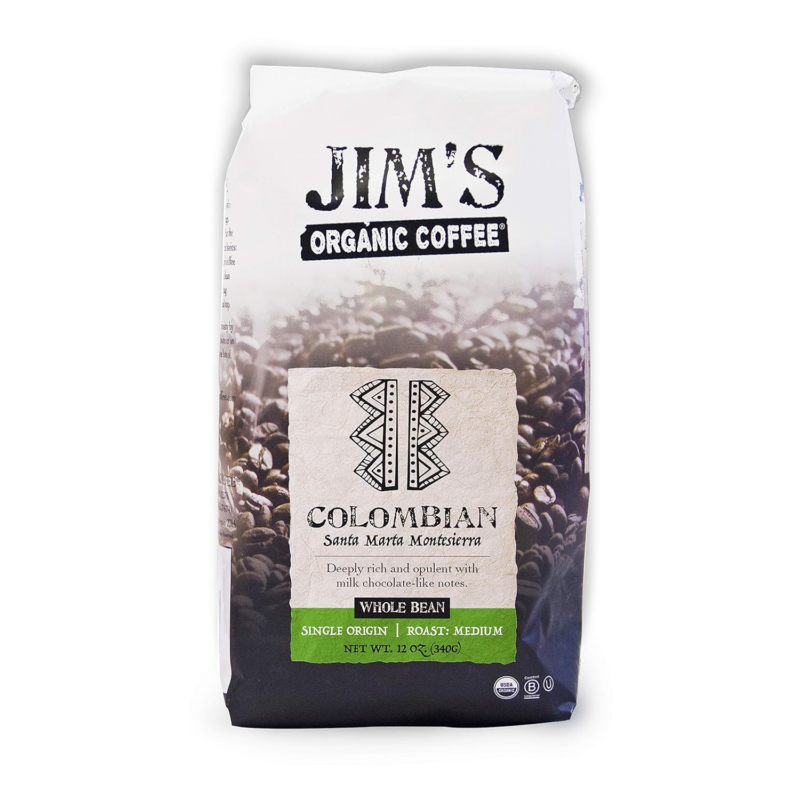 Jim’S Organic Coffee – Colombian – Single Origin, Medium Roast - Whole Bean 12 Oz Bag