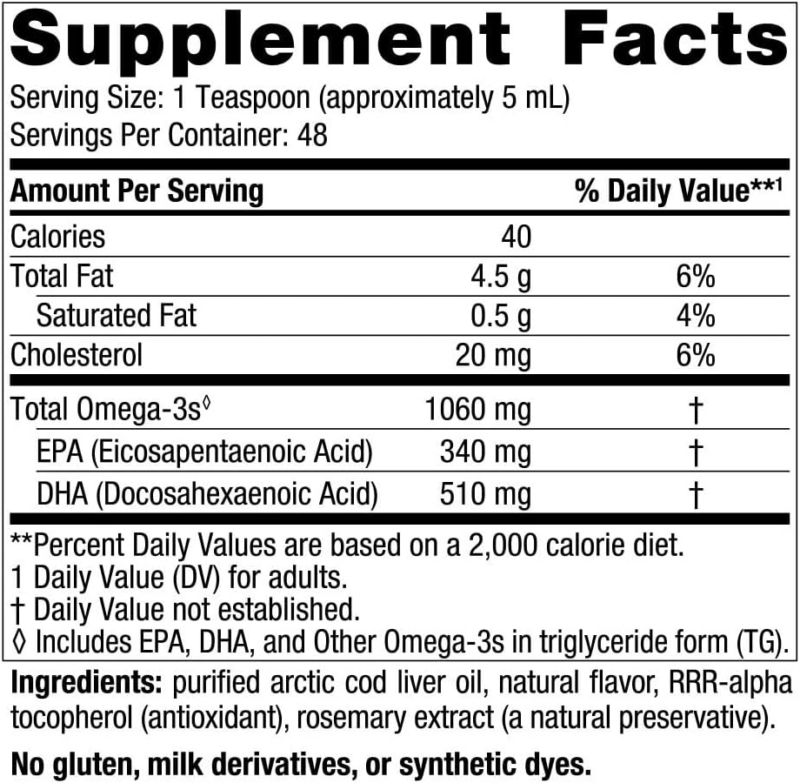 Arctic Cod Liver Oil, Orange - 8 Oz - 1060 Mg Total Omega-3s with EPA & DHA - Heart & Brain Health, Healthy Immunity, Overall Wellness - Non-Gmo - 48 Servings - Image 2
