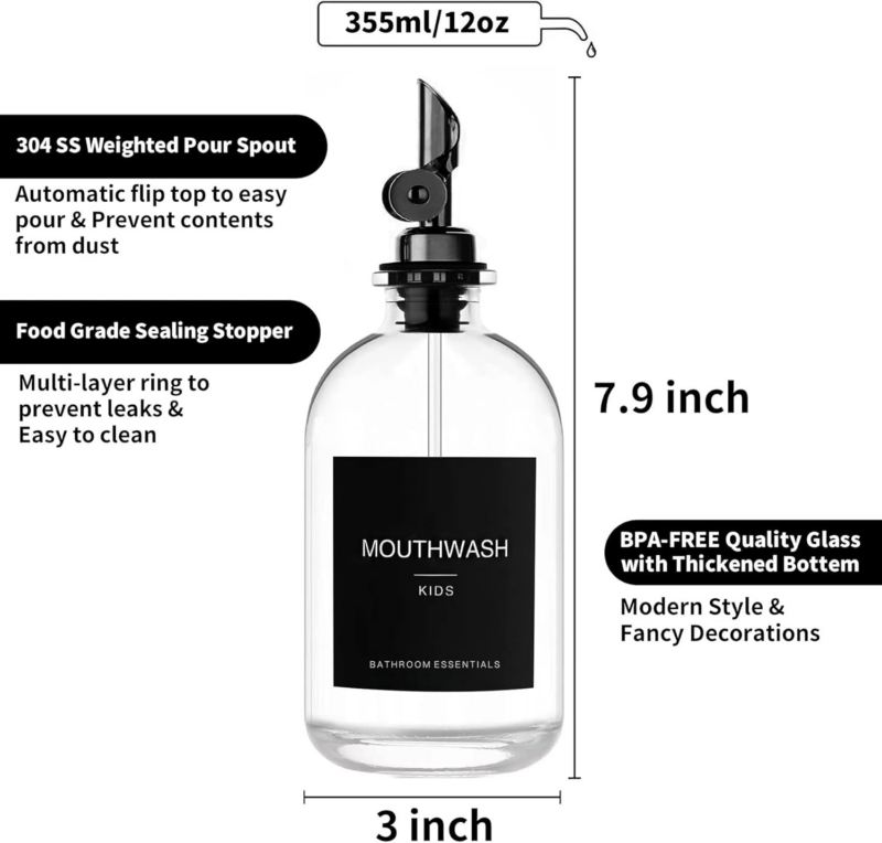 Black Glass Mouthwash Dispenser with Cups, 12.7 Oz, 2 Pack - Clear Mouthwash Bottle with 304 Stainless Steel Spout & Minimalist Labels, Style Mouthwash Container for Bathroom - Image 6