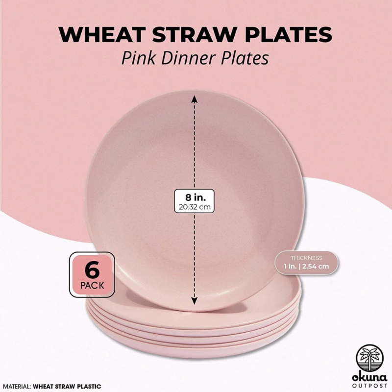 Wheat Straw Plates, Unbreakable Dinner Plate (Pink, 8 In, 6 Pack) - Image 2