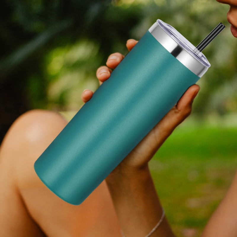 Stainless Steel Skinny Tumbler, 20 Oz Vacuum Insulated Tumbler with Lid and Straw, Double Wall Coffee Cup, Travel Mug for Cold Hot Drinks, Dark Green 1 Pack - Image 5