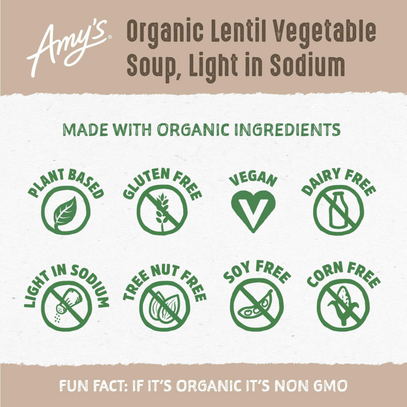 Amy’s Soup, Vegan Light in Sodium Lentil Vegetable Soup, Gluten Free, Made with Organic Vegetables, Canned Soup, 14.5 Oz (12 Pack) - Image 5