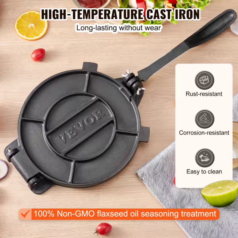 10In. Cast Iron Tortilla Press, Tortilla and Roti Maker with Pre-Seasoned Paracone Maker with 100-Piece Tawa, Black - Image 3