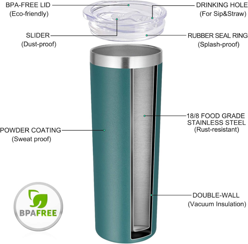 Stainless Steel Skinny Tumbler, 20 Oz Vacuum Insulated Tumbler with Lid and Straw, Double Wall Coffee Cup, Travel Mug for Cold Hot Drinks, Dark Green 1 Pack - Image 7