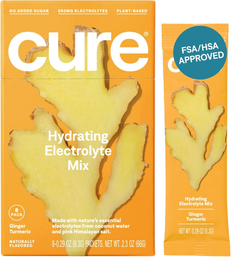 Cure Hydrating Plant Based Electrolyte Mix | Powder for Dehydration Relief | Made with Coconut Water | Non-Gmo | No Added Sugar | FSA & HSA | Gluten Free | Box of 8 Packets - Ginger Turmeric