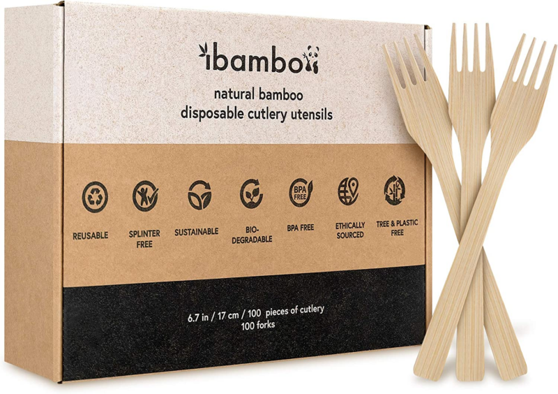 100% Bamboo Forks Set - 100 Biodegradable Utensils (100 Forks) | Reusable or Disposable Bamboo Flatware | Compostable FSC Certified Forks for Weddings, Camping, Parties