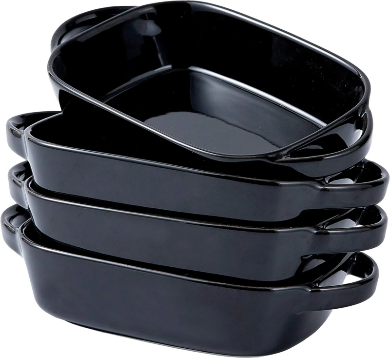 Set of 4 Ceramic 9X5 Baking Dish Oven Safe Roasting Lasagna Pan Small Casserole Bakeware with Handle Rectangular Dish, Black