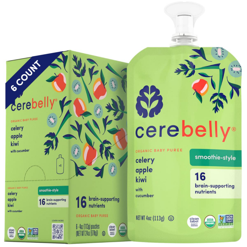 Celery Apple Kiwi Smoothie (Pack of 6) - Healthy Kids Snacks - Baby Food Pouch with 16 Vital Nutrients and Brain Support from Superfoods - Organic Fruit & Veggie Purees, Baby Fruit Squeeze Pouches for Kids, No Added Sugar