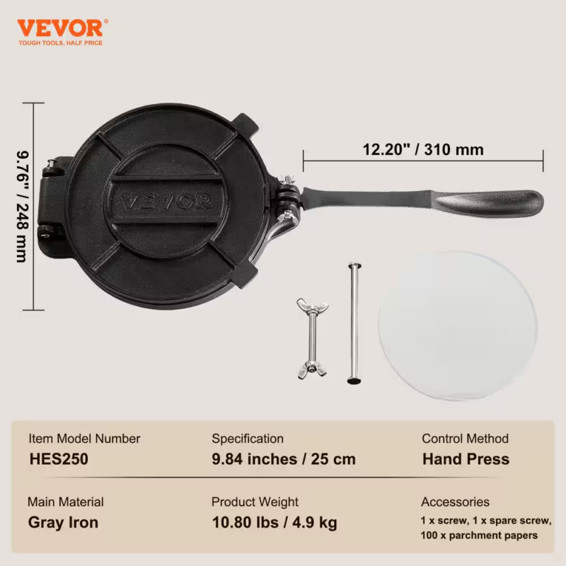 10In. Cast Iron Tortilla Press, Tortilla and Roti Maker with Pre-Seasoned Paracone Maker with 100-Piece Tawa, Black - Image 7