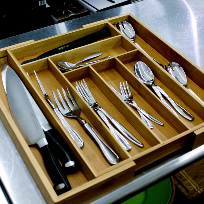 Cooknco Light Brown Bamboo 8-Slot Expanding Flatware Organizer - Image 3