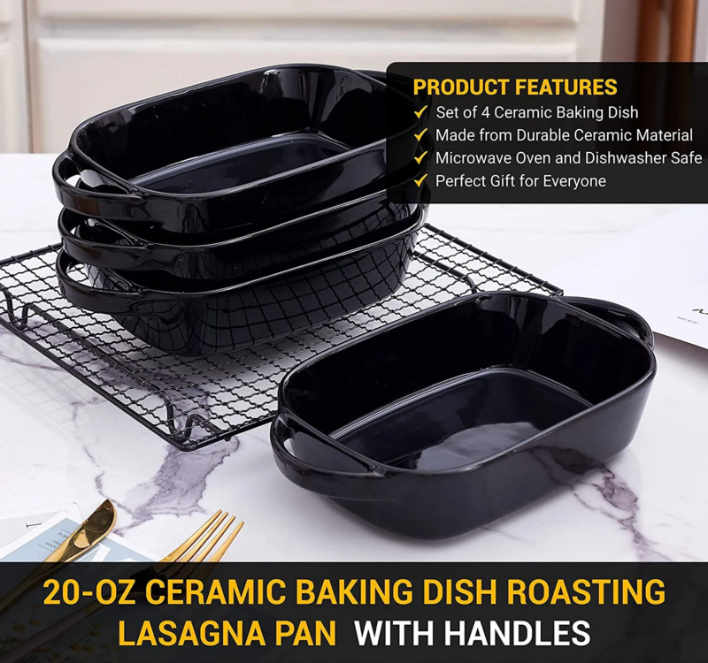 Set of 4 Ceramic 9X5 Baking Dish Oven Safe Roasting Lasagna Pan Small Casserole Bakeware with Handle Rectangular Dish, Black - Image 2