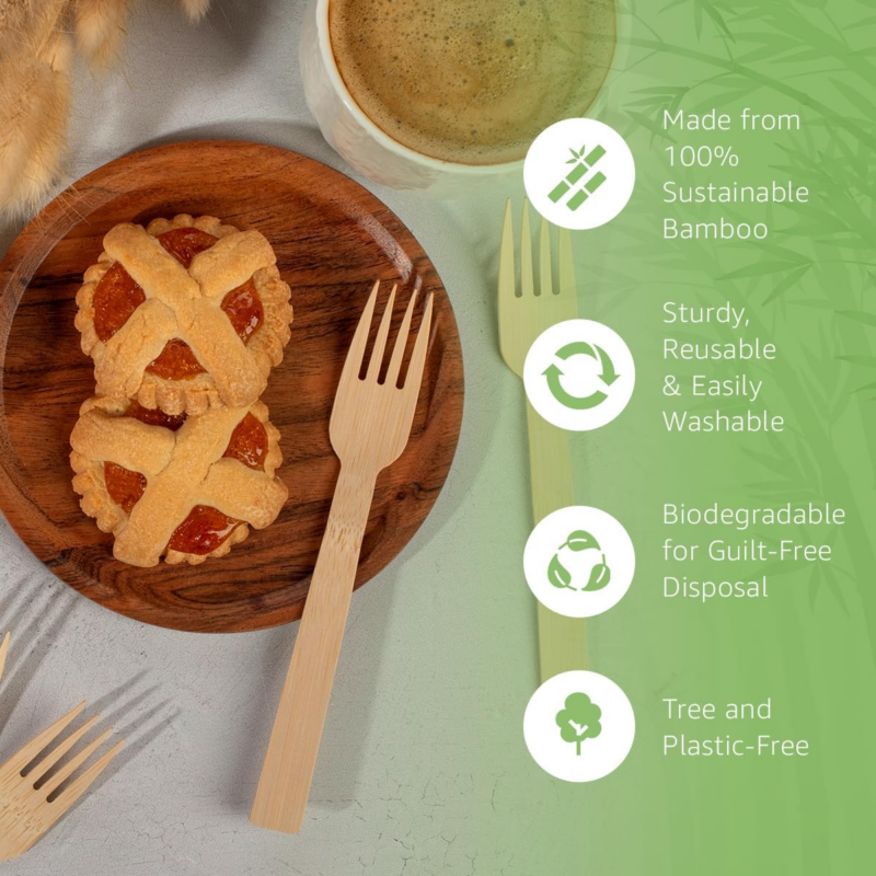 100% Bamboo Forks Set - 100 Biodegradable Utensils (100 Forks) | Reusable or Disposable Bamboo Flatware | Compostable FSC Certified Forks for Weddings, Camping, Parties - Image 2