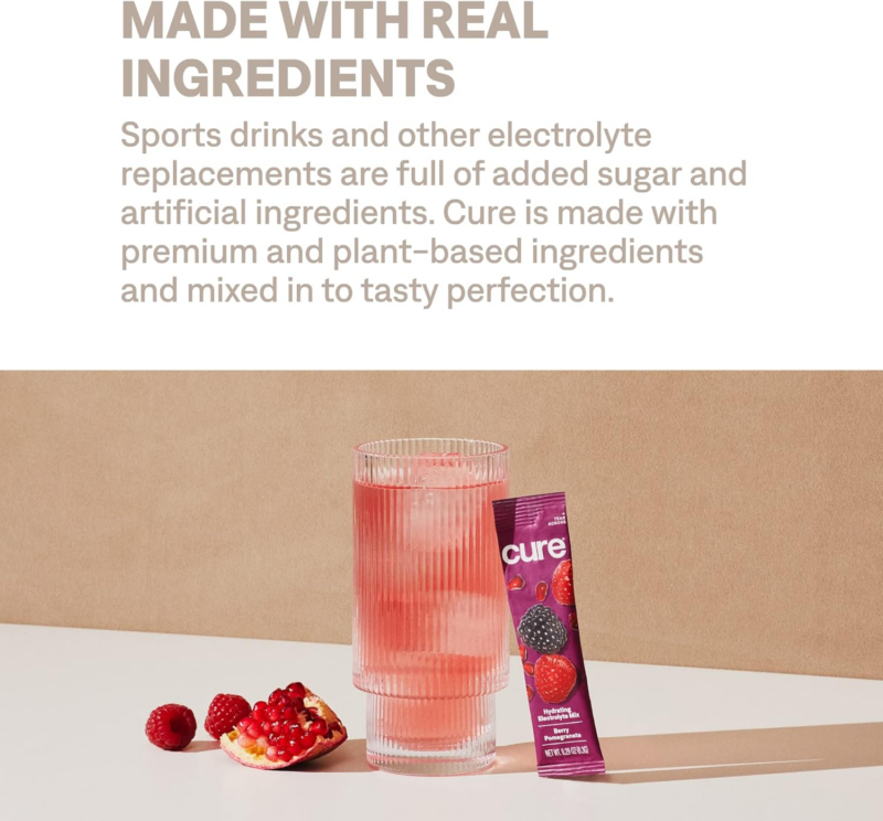 Cure Hydrating Plant Based Electrolyte Mix | Powder for Dehydration Relief | Made with Coconut Water | Non-Gmo | No Added Sugar | FSA & HSA | Vegan | Box of 8 Packets - Berry Pomegranate - Image 7