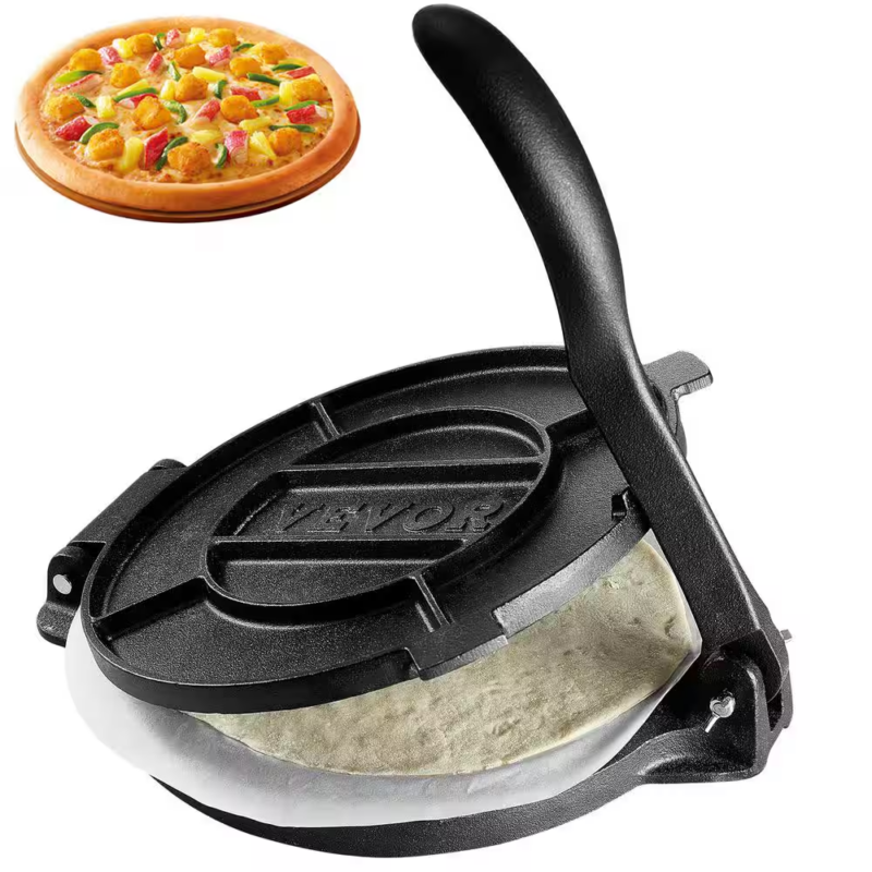 10In. Cast Iron Tortilla Press, Tortilla and Roti Maker with Pre-Seasoned Paracone Maker with 100-Piece Tawa, Black