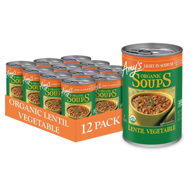 Amy’s Soup, Vegan Light in Sodium Lentil Vegetable Soup, Gluten Free, Made with Organic Vegetables, Canned Soup, 14.5 Oz (12 Pack)