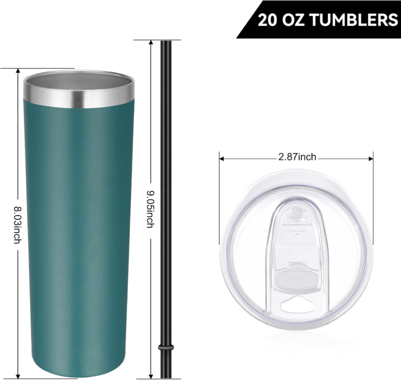 Stainless Steel Skinny Tumbler, 20 Oz Vacuum Insulated Tumbler with Lid and Straw, Double Wall Coffee Cup, Travel Mug for Cold Hot Drinks, Dark Green 1 Pack - Image 4