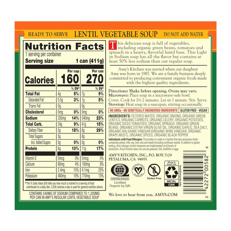 Amy’s Soup, Vegan Light in Sodium Lentil Vegetable Soup, Gluten Free, Made with Organic Vegetables, Canned Soup, 14.5 Oz (12 Pack) - Image 2