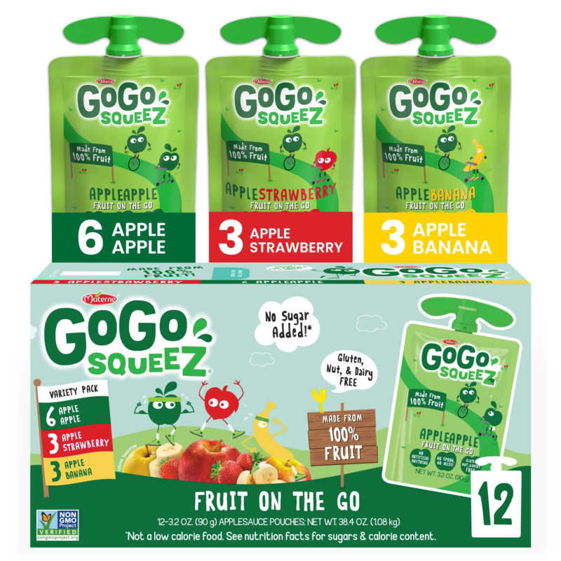 Applesauce and Fruit Puree, Apple Apple, Apple Banana, and Apple Strawberry Snack Pouches Variety Pack, 3.2 Oz, 12 Pack