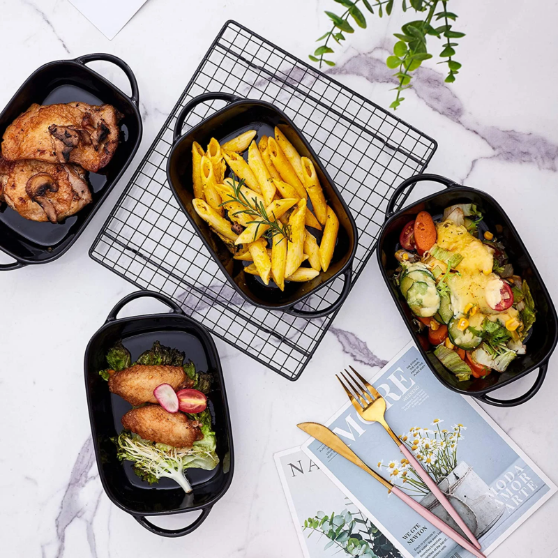 Set of 4 Ceramic 9X5 Baking Dish Oven Safe Roasting Lasagna Pan Small Casserole Bakeware with Handle Rectangular Dish, Black - Image 3