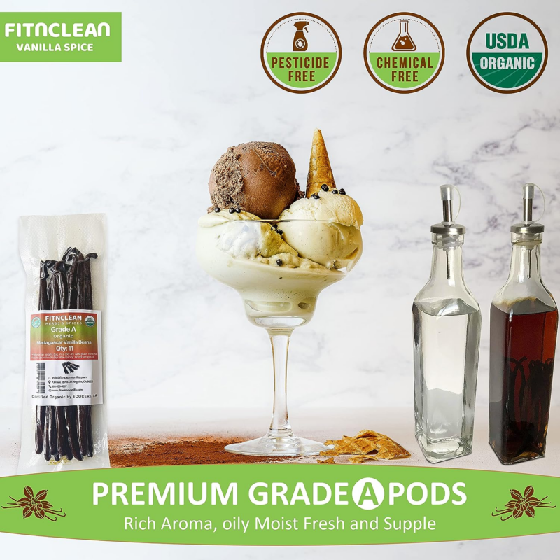 11 Madagascar Organic Vanilla Beans Grade A. Certified USDA Organic. ~6" by FITNCLEAN VANILLA for Cooking, Extract and Baking. Bourbon Fresh Gourmet NON-GMO Whole Pods - Image 7