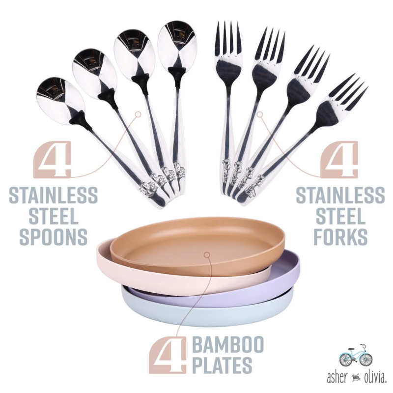 Bamboo Plates and Stainless Steel Silverware Set – (12-Piece) 4 Plates 8 Inch, 4 Forks and 4 Spoons – Eco-Friendly BPA Free, Self Feeding Dishwasher Safe Tableware Set for Preschooler Toddler and Kids - Image 3